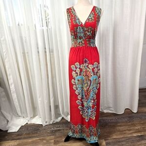 2/$30 Mlle Gabrielle Y2K Red Turquoise‎ Long Maxi Dress Size S Oversized